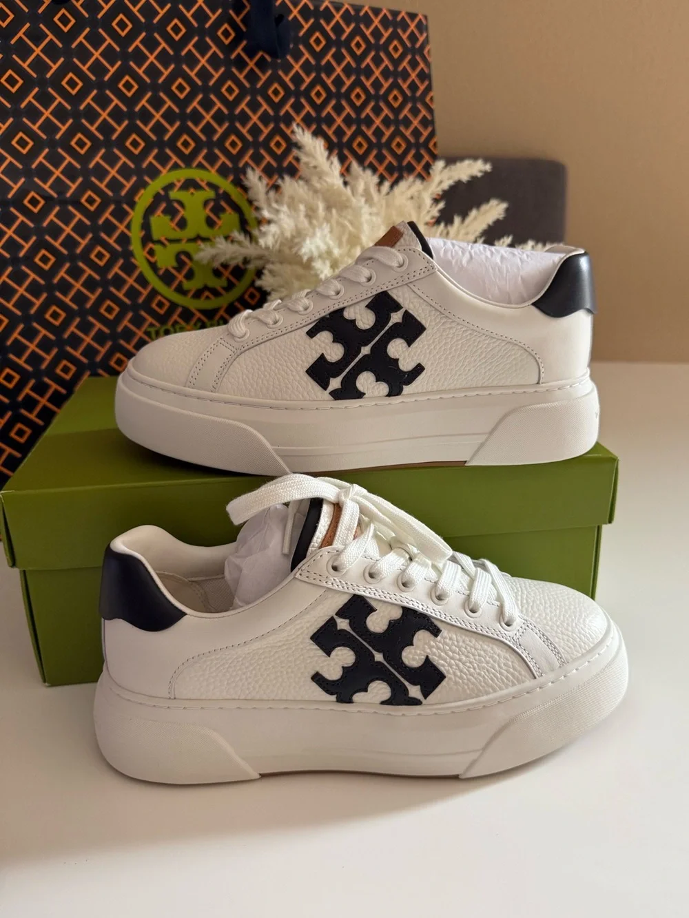 New Tory Burch Size 6.5 Signature Color Block Platform Leather Sneaker Shoes